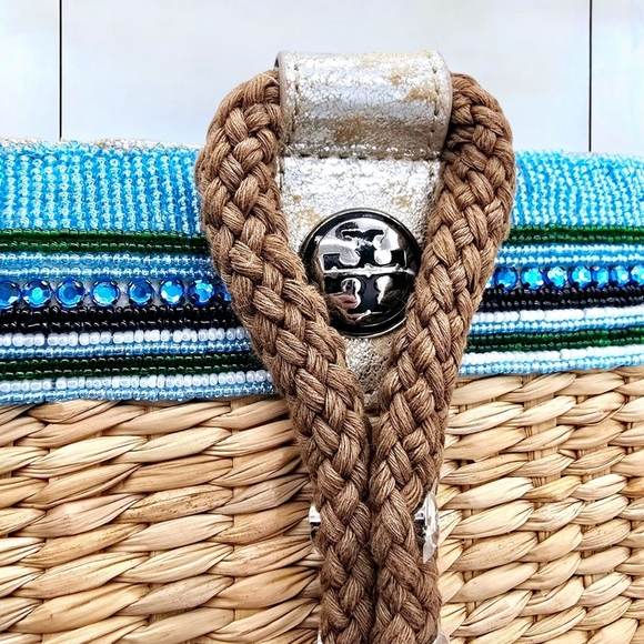 🆕 Tory Burch Special Edition Ella Straw Tote Beaded Logo Lining & Drawstring - Picture 8 of 17